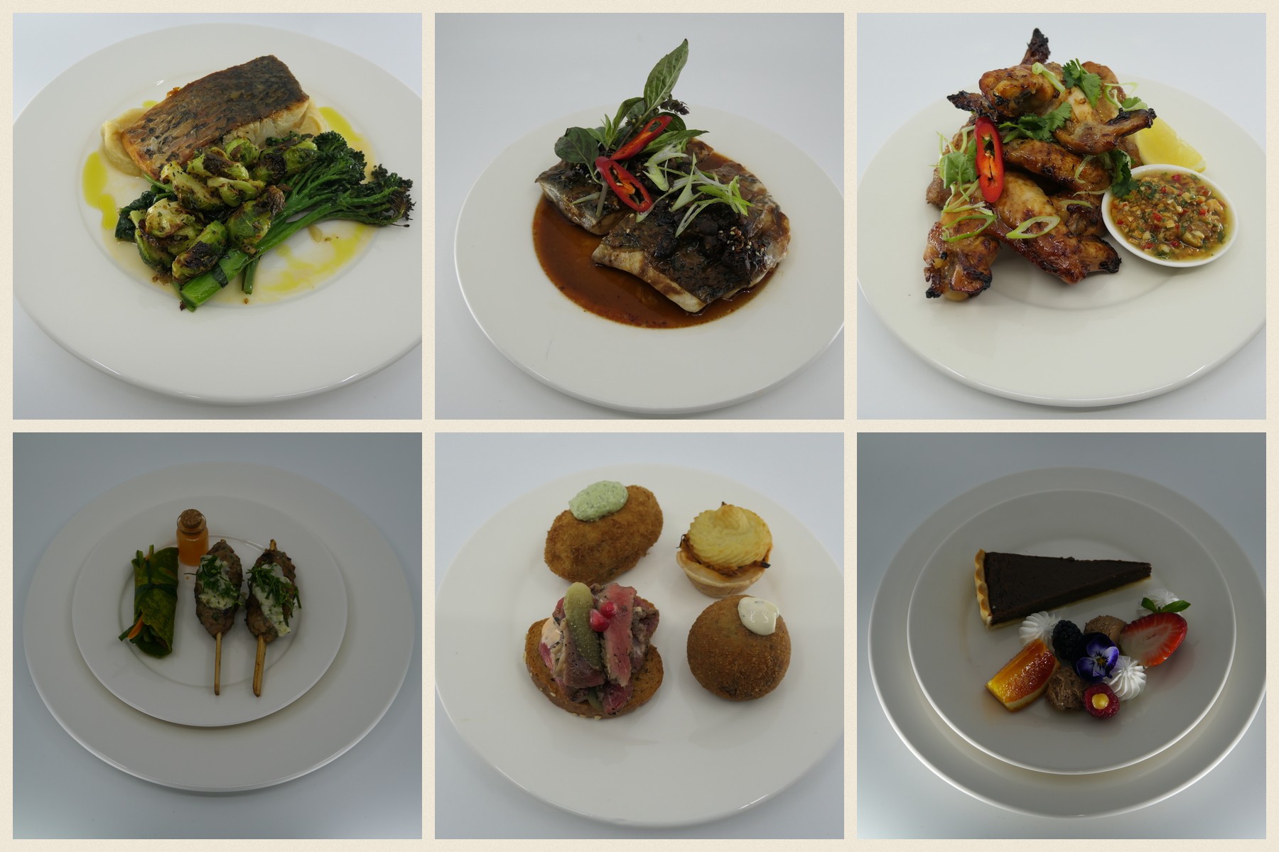 Fine dining plates: crispy skin fish, teriyaki fish, BBQ chicken, lamb kofte, canapés and chocolate tart