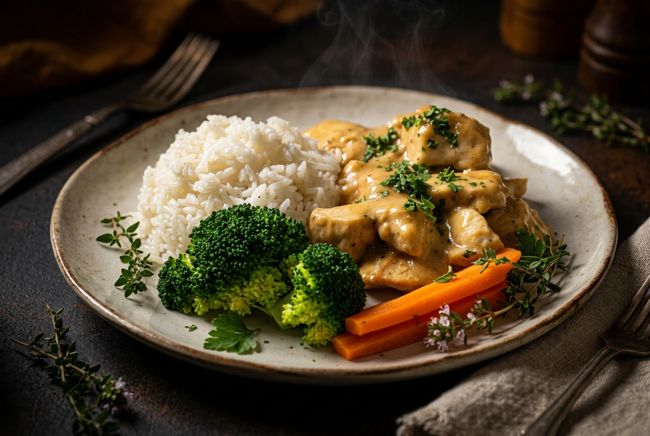 Chicken, rice and vegetables with thyme sauce from Lewis' kosher ready-meal range